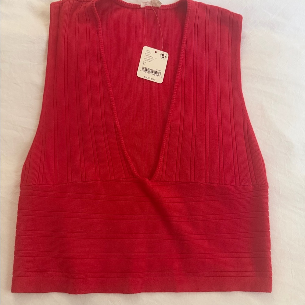 Free People Red Ribbed V-Neck Tank